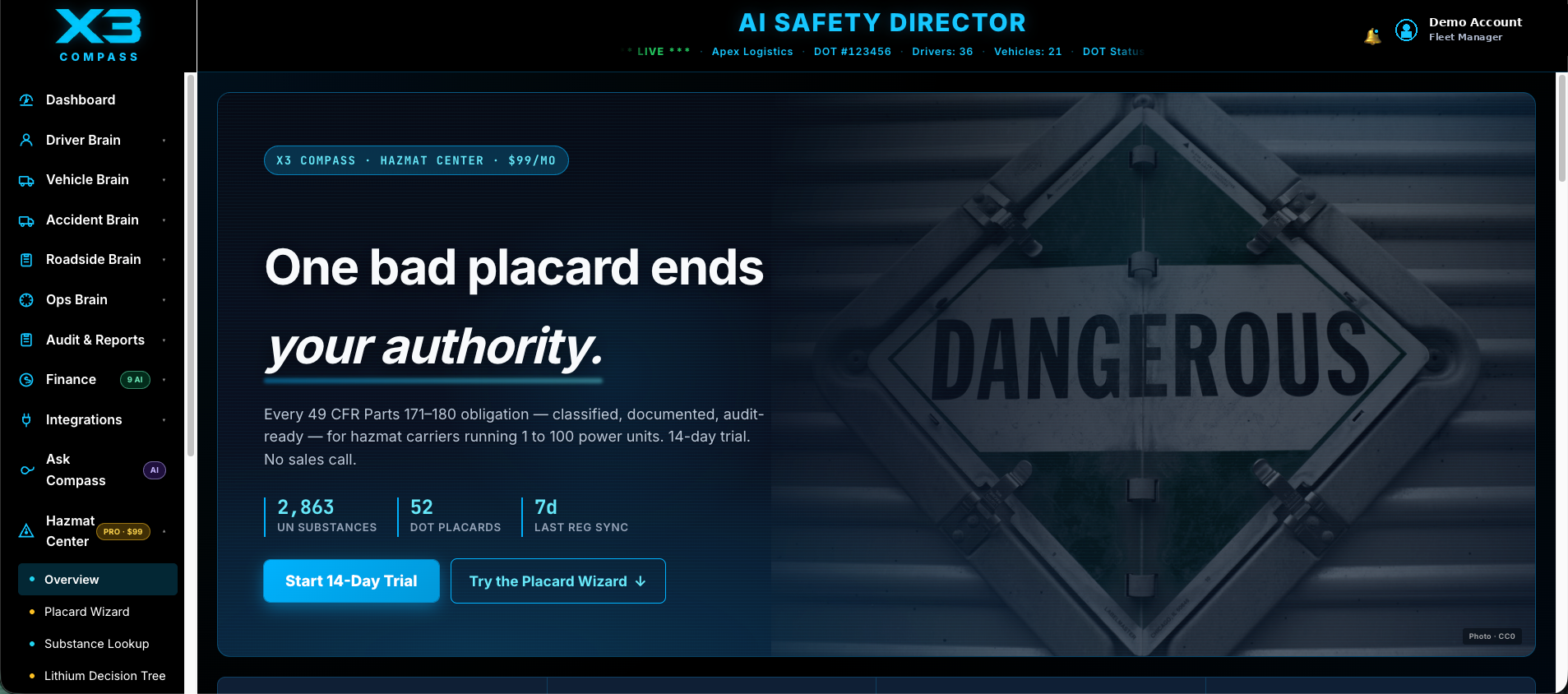 X3 Compass Hazmat Center · One bad placard ends your authority · 2,863 UN substances, 52 DOT placards, 7-day last reg sync, Start 14-Day Trial CTA